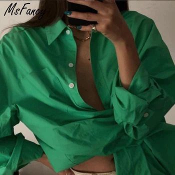 Msfancy Žalioji Marškinėliai Moterims 2021 Y2K Chemise Femme ilgomis Rankovėmis Atsitiktinis Negabaritinių Camisas De Mujer Viršūnės