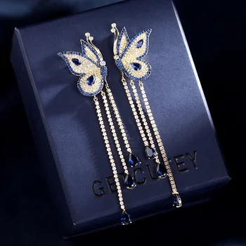 Nauja stiliaus elegantiškas ilgas kutas drugeliu auskarai su mikro inkrustacijos mėlyna cirkonis auskarai