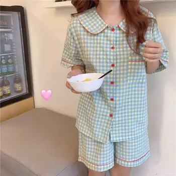 Pajama Komplektai Moterų Atsitiktinis Pledas Homewear Korėjos Stiliaus Mielas Ins Studentų Retro Vasaros Naują Kvėpuojantis Jaukus Mados Moterų Sleepwear