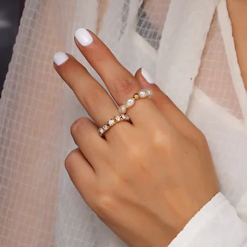 Paprasta Blizga Aukso Spalvos Karka Žiedai Moterims Boho Imituojamas Crystal Pearl Ring Set Bohemijos Midi Piršto Papuošalai