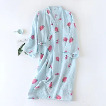 Pavasario / Rudens Nauja Japonų Kimono Chalatai ilgomis Rankovėmis Medvilnė Krepo Gazas Chalatas Purus ir Minkštas Peach Spausdinimo Housewear 2021