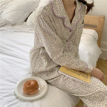 Pavasarį, rudenį, moterų ilgas rankovėmis chic grynos medvilnės pižama mados gėlių spausdinti namuose nustatyti pjs pižamos prarasti moterų pjs L190
