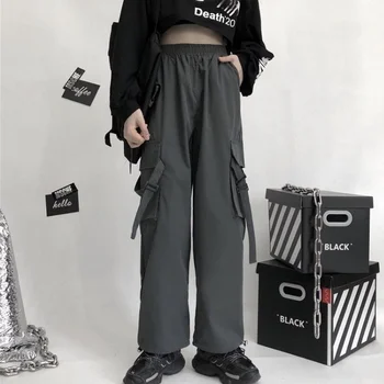 QWEEK Streetwear Krovinių Kelnės Moterims Harajuku korėjos Mados Negabaritinių Juoda Gotikos Emo Techwear Kišenės Laisvas Kelnes moterims