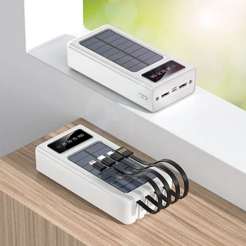 Saulės Energijos Banko 30000mAh Nešiojamų Įkrovimo PowerBank Pastatytas 4 Kabeliu Skaitmeninis LED Ekranas Poverbank Išorės Baterija Bankas
