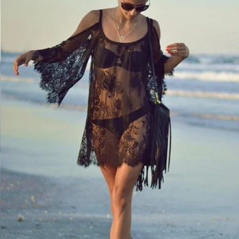 Seksualus soild tinklelio nėriniai danga-ups ilgomis rankovėmis paplūdimio Pynimas moterų maudymosi kostiumėlį Juodos spalvos Elegantiškas maudymosi kostiumėliai, paplūdimio suknelė Maudymosi kostiumas Naujas
