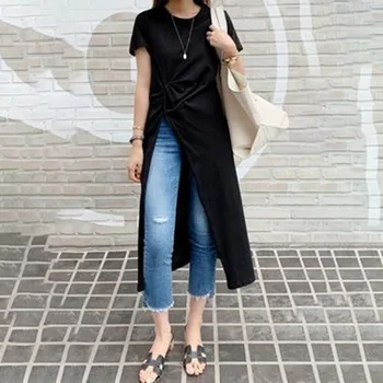 Slim Fit Classic Baltas Juodas Ilgas Marškinėlius Prašmatnus Dizainas Pusėje Ritininės Moterys Vasarą Trumpomis Rankovėmis Viršuje Tees Korėjos Japonija Atsitiktinis Marškinėliai