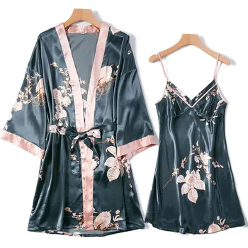 Spausdinti Gėlių 2VNT Skraiste Nustatyti Moterų Atlasas Spageti Dirželis Nightdress V-Kaklo Kimono Vonia Suknelė Vasaros Chemise Sleepwear Pižamą