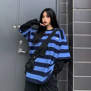 Streetwear Harajuku tamsiai vėjo marškinėliai moteriška netikrą dviejų dalių dryžuotas ilgomis rankovėmis marškinėliai moteriška viper moterų 2021