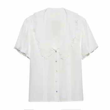 TRAF Moterų Marškinėliai Za 2021 Iškirpti Balta Moteris Pynimas Trumpas Sluoksniuotos Rankovėmis Mygtuką Iki Marškinėliai Moteriška Atsitiktinis Plisuotos Vasaros Palaidinė
