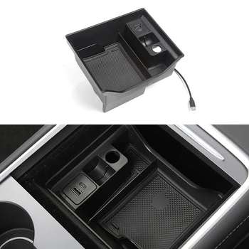 Už Tesla Model 3 Y 2021 Centrinis Porankis Laikymo Dėžutė su USB Įkrovimo lizdas ir Paspauskite Tipas Puodelio Laikiklis
