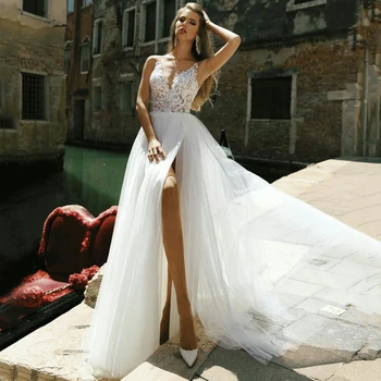 V-Kaklo, Seksualus Padalinta Appliques Lace A-Line Backless Tiulio Vestuvių Suknelė Iki 2021 M. Vestido De Noiva Nuotakos Suknelė