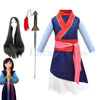 Vaikai drabužių Filmus Hua Mula Cosplay Kostiumų Mulan Suknelė Kinijos Vaiko Tradicinių Drabužių Mulan Prop kardas WigHalloween suknelės