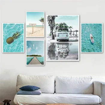 Vasaros Paplūdimys, Banglentės Vandenyno Kraštovaizdžio Meno Spausdinti Paveikslai Tapyba Kokoso Medžio Ananasų Šiuolaikinės Plakatai Kambarį Apdaila
