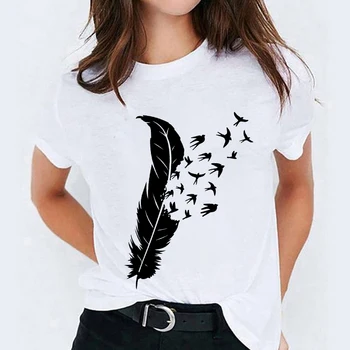 Vasaros Paprasta Mada Moterims T-shirt Plunksnų Spausdinti Baltos Apvalios Kaklo trumpomis Rankovėmis Atsitiktinis Moterų Marškinėlius