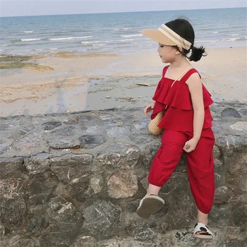 Vasarą Karšto Pardavimo Korėjos Vaikų Diržas Raudona Palaidinė Moteriškos Sportinės Kelnės Princess Dviejų Dalių Kostiumas Mielas 3 4 5 6 7 8 9 Metų Mergaitė Drabužių Komplektus