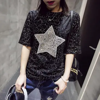 Vasarą ponios mados juoda penkerių-pažymėjo žvaigždutė T-shirt spausdinti Harajuku trumpas rankovėmis apvalios kaklo prarasti tees viršūnes moteriški drabužiai