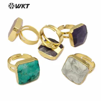 WT-R216 Gamtos Spalvotų Akmens Žiedas, Supjaustyti Susiduria Perlas-akmens Kvadrato Formos Turquoises Fluorito Mados Ponios Reguliuojamas Aukso Žiedas