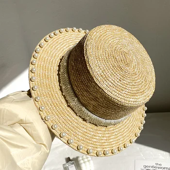 XiaDaiLa 2020 Naujų Perlų Apdaila Saulės Kepurės Moterims Flat Top Džiazo Fedoras Panama Vasaros Šiaudų Skrybėlę Trumpa Mėlyna Juosta Paplūdimys Skrybėlės