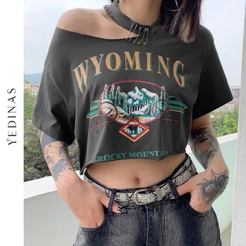 Yedinas Vasaros Derliaus Grunge Spausdinti Pasėlių Viršuje Moterų Punk Nereguliarus Tuščiaviduriai Iš Marškinėlius Pin Apdailos 90s Y2k Hip-Hop Streetwear