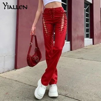Yiallen Tuščiaviduriai Iš Tvarstis Hipster Tiesios Kelnės Moterims 2021 Dirbtiniais PU Odos, Kietas Mados Gatvės Stiliaus Kelnės Moteriška Karšto