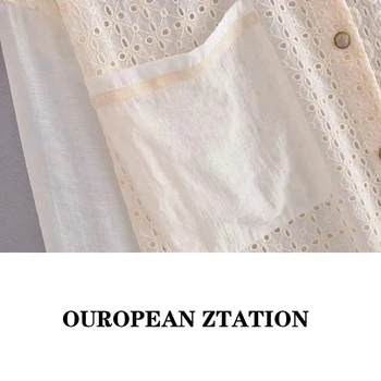 Za 2021 Moterų megztinis Tuščiaviduriai Iš Palaidinukės Mujer ilgomis Rankovėmis padalinta skylę viršuje Siuvinėjimo midi marškinėlius Femme atvartas Viena breasted