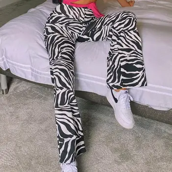 Zebras Spausdinti Pločio Kojų Kelnės E-mergina, Seksuali Aukšto Juosmens Derliaus Moterų Y2K Mados Atsitiktinis Moterų Hip-Hop Kelnės Estetinės Streetwear