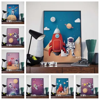 Šiaurės animacinių filmų meno stilius, vaikų kambarys, vaikų darželis, dekoratyvinis dažymas sienų lipdukai astronautas kosmose drobė medžiagos plakatas