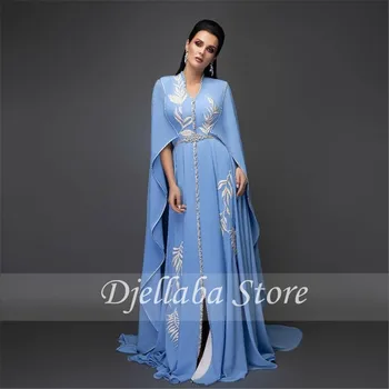 Šviesiai Žydros Spalvos Šifono Vakaro Suknelės Maroko Caftan Su Balta Siuvinėjimo Islamo Dubajus, Saudo Arabų Promenadzie Suknelė 2021