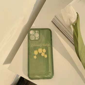 Žalia Telefono dėklas skirtas iPhone 12 Mini Pro 11 Max Tulip Gėlių atsparus smūgiams Minkštos TPU Apsaugos Dangtelis XR X XS Pro Max 6 7 8 Plius