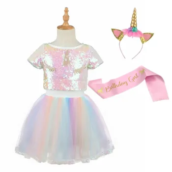 Žavinga vaikams drabužiai mergaičių Vienaragis apranga blizgučiais viršų su rainbow gazas sijonas Gimtadienio kostiumu pavasarį ir vasarą 2021