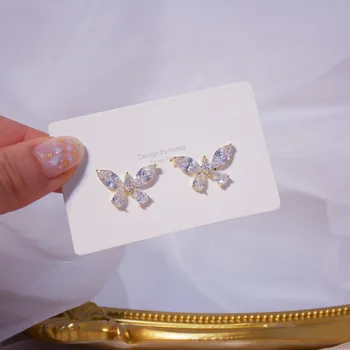 14 karatų tikro Aukso bižuterijos Crystal Butterfly Išskirtinį Stud Auskarai Moteris Atostogų Šalis Elegantiškas Vieną Rinkinį Auskarai