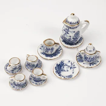 15vnt/rinkinys lėlių namelis miniatiūriniai mėlynos ir baltos spalvos rinkinys Keramikos modeliavimas puodą puodeliai, plokštės modelis žaislų rinkinys Lėlių priedai