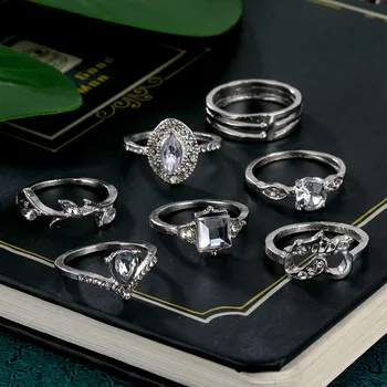 15VNT/Set Kristalų Širdies Žiedų Rinkinys Moterims, Elegantiška Sidabro Spalvos Piršto Žiedai 