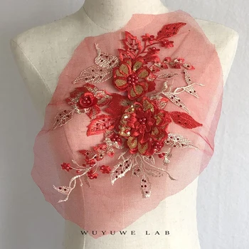 1pc Violetinė Žalia Rausva China Siuvinėjimo Tinklelio, 3D Gėlių Nėrinių Aplikacijos Pleistras Suknelė, Sijonas 39X25CM pasidaryk pats Apdailos Medžiaga Priedų