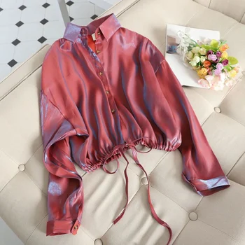 2020 m. pavasarį ir rudenį šviečiantys marškinėliai moteriški Atvartas ilgomis rankovėmis korsetas raudona marškinėliai viršuje korėjos atsitiktinis palaidų striukė Blusas Feminina