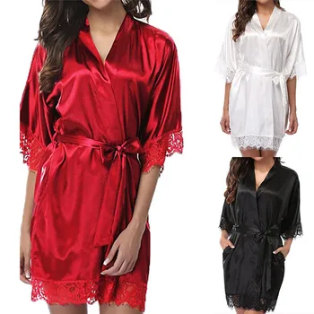 2020 m Sexy Lady Moterų Šilko Kimono Skraiste Nėrinių Lingerie Naktį Dress Suknelė Sleepwear Vonia, Chalatas, naktiniai drabužiai Moters, Didelis Dydis