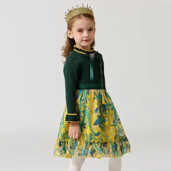 2020 Naujų Rudens Megztinis Susiuvimo Lankas Suknelė Geltona Žalia Vaikų Princesė Suknelė Mergaitėms, Drabužiai Temomis Mergaičių 12 Metų