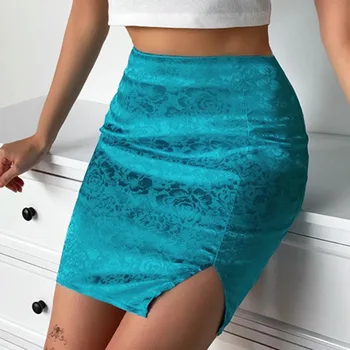 2021 Mėlyna Satino sijonas moteris vasarą Seksualus padalinta Aukšto Juosmens derliaus harajuku sijonai moterų Žakardo Mini Sijonas satino slim klubo mini