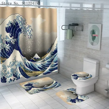 3D Jūros Bangų Modelį Dušo Užuolaidos Keturi Gabalas kiliminė danga Padengti Tualeto Dangčio Vonios Kilimėlis Japonijos Vonios Užuolaida Su 12 Kabliukų