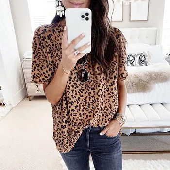 45#Leopard Marškinėliai MOTERIŠKI O-Kaklo trumpomis Rankovėmis Blusas Plius Dydis Prarasti Tees Moterų Viršūnių Vasaros Atsitiktinis Prinshirt Camisas Mujer