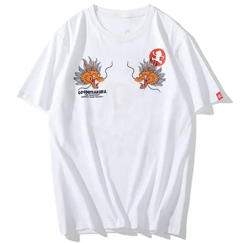 Aolamegs Japonijos Vyrų Marškinėlius Dragon Vyšnių Žiedų Print T-Shirt Vasaros Trumpomis Rankovėmis Atsitiktinis Viršų Tee Hip-Hop Harajuku Streetwear
