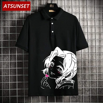 ATSUNSET Anime Mergina Demon Slayer Kochou Shinobu Polo T-Shirt Hip-Hop Streetwear Vintage Stiliaus Harajuku T-Marškinėliai, Megztinis Tees