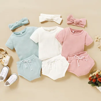 Baby Girl Drabužius Vasarą, O-Kaklo Kūdikių Drabužiai marškinėliai Viršuje Trumpas Mergaitėms Komplektus Atsitiktinis Medvilnės Baby Tracksuit 3Pcs Megztas Kombinezonas