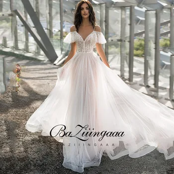 BAZIIINGAAA Paprasta Taftos Vestuvių Suknelė Elegantiškas Bride V-kaklo, Nėriniai Appliques Vestuvinių Suknelių Plius Dydis Pavasarį 2021 Chalatas De Mariee