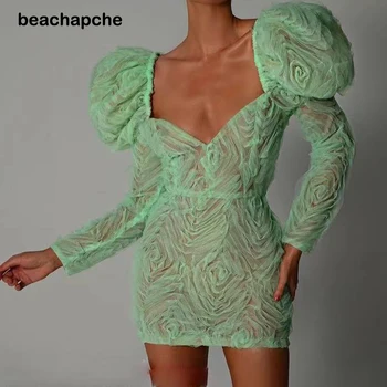 Beachapche Žalia gėlių sluoksniuotos rankovėmis bodycon suknelė Moteriška gėlių nėrinių mini klubas suknelė Moterims vasaros šalis seksualus, trumpas šalis dres