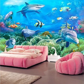 Beibehang Užsakymą freskomis 3d stereo foto tapetai, jūros dugno istorija delfinai TV fono sienos kambarį miegamasis 3d tapetai