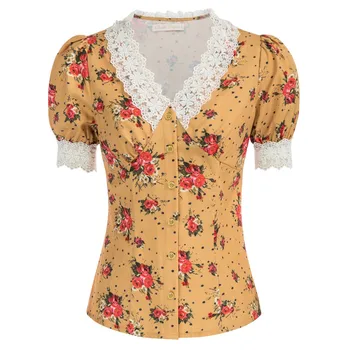 Belle Poque Moterų Nėriniai Atsitiktinis Marškinėliai Pūsta Trumpomis Rankovėmis V-Kaklo Mygtuką Kišenė Viršūnes Vasaros Drabužių Mados Gėlių Spausdinti Palaidinė