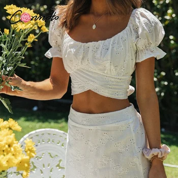 Conmoto Atsitiktinis dviejų dalių tinklelio, balta nėrinių suknelė moterims Derliaus bandange trumpas pasėlių top kostiumas vasaros Sluoksniuotos rankovėmis atostogų suknelė rinkiniai