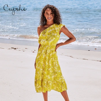 CUPSHE Vieną Petį Susiėmę Midi Suknelė Moteris Seksuali Geltona Gėlių Vasaros Atostogų Suknelė 2021 Naujas Paplūdimio Sundress Vestidos