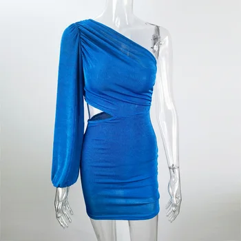 Derliaus Ilgomis Rankovėmis Šalis Suknelė Moterims Vasaros 2021 Vieną Petį Iškirpti Bodycon Suknelė Seksualus Mini Gimtadienis Suknelė Orange Blue